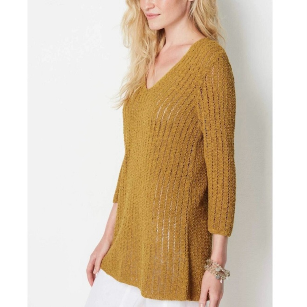 J Jill Gilded Coin Cotton Blend Open Stitch Knit 3/4 Sleeve Sweater Petite S